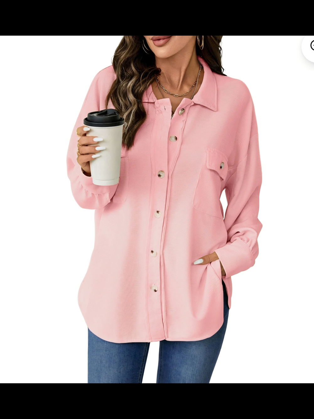 Pink Waffle Knit Shacket Oversized Button Down Shirt Jacket Soft Cozy Layering - Picture 4 of 10